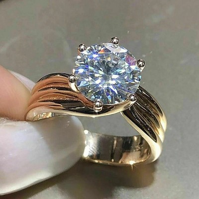 3Ct Round Cut Real Moissanite Solitaire Engagement Ring 14k Yellow Gold Plated