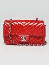 Chanel Red Chevron Quilted Patent Leather Classic Rectangular Mini Flap Bag