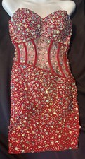 Jovani Red AB Crystal Embellished Illusion Corset Bodycon Mini Gown Dress Sz 0