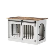 Dog Crate Furniture Wooden Kennel, 3 Door Indoor Dog Cage With Cushion