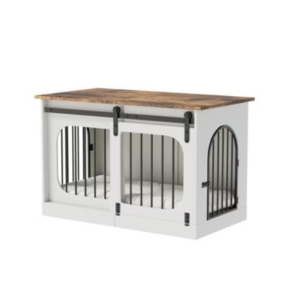 Dog Crate Furniture Wooden Kennel, 3 Door Indoor Dog Cage With Cushion