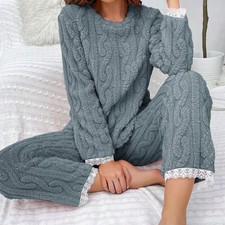 Winter Women's Flannel Pajama Set Soft Fluffy Fleece Warm Lounge Wear Sleepwear