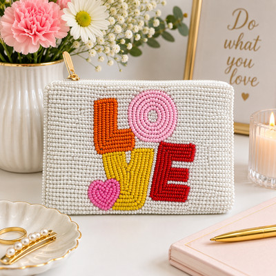 Handmade Seed Beaded LOVE Coin Purse | Colorful Beaded Zipper Pouch | Cute Gift