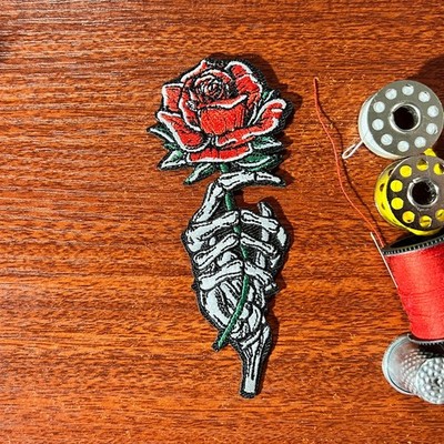 Goth Patch Red Rose in Cold Dead Boney Hands Embroidered Iron On 4x1.5''