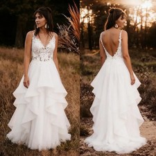 Sexy A-Line Wedding Dresses Spaghetti Straps Backless Lace Applique Bridal Gowns