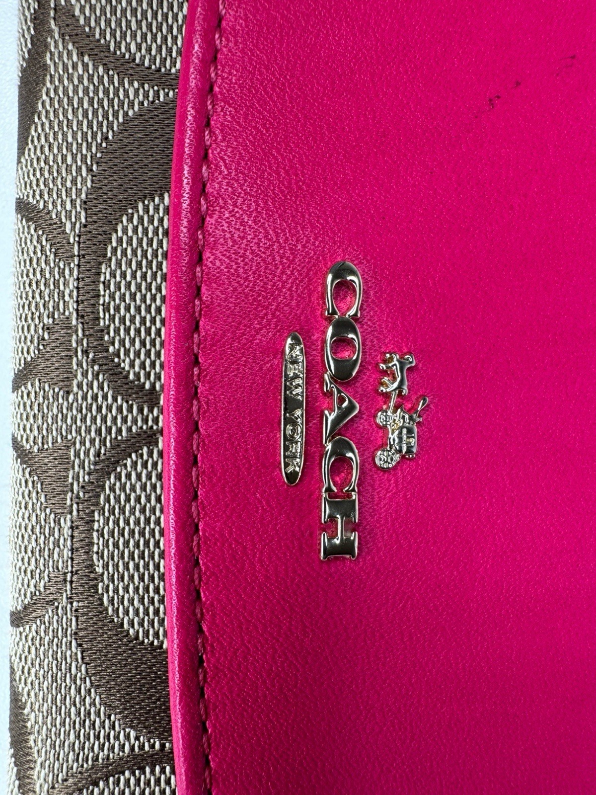 Coach Signature C Khaki Brown Jacquard And Ruby Pink Leather Wallet image 3