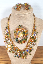 Vintage Rhinestone Austrian Crystal Necklace , Brooch and Clip On Earrings Set
