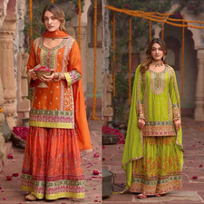 Natural Chinnon Salwar Kameez Ready To Wear Suits Indian Wedding 3 Piece L Party