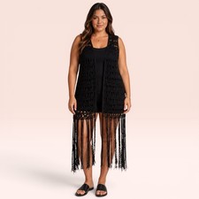 Black Crochet Fringe Vest Open Knit Longline Boho Festival Hippie Open Front 42"
