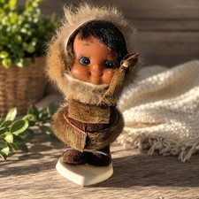 Vintage UNIQUE Inuit Eskimo Doll Figurine Real Fur Made in USA 1960s