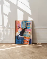 Trendy Black Cat Art Print: Maximalist Bathroom Decor