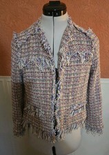 Zara French Style Tweed Bouclé Jacket Multicolor Fringe Trim Excellent Cond