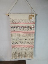 Cream Textured Embroidered Woven Hanging Tapestry Made In India Boho 25"X 14"