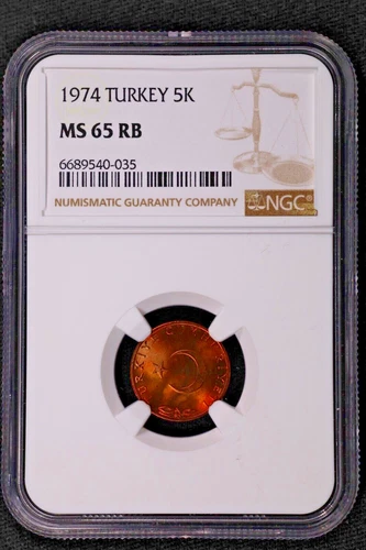 Turkey 5 Kurus 1974 Bronze KM#890.3 - NGC MS 65 RB - TONED