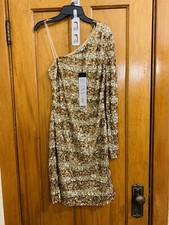 Ieena for Mac Duggal one shoulder sequin dress striped gold NWT size 4