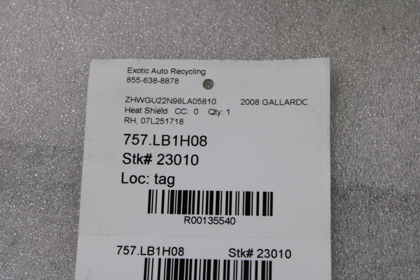 Lamborghini Gallardo, RH, Right, Exhaust Heat Shield, Used, P/N 07L251356