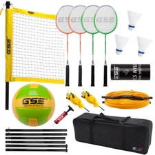 Portable Badminton Volleyball Combo Set. Includes Net, 4 Racquets, 3 Shuttlecock