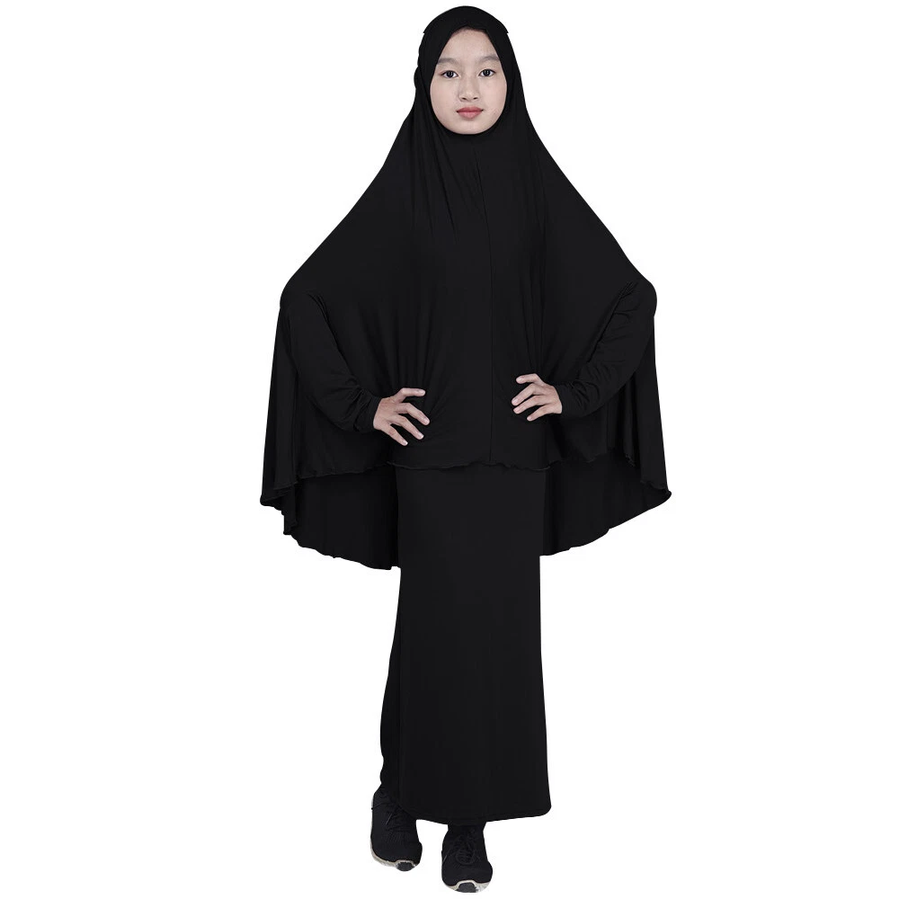 Ramadan Children Girls Overhead Khimar Hijab Prayer Dress Set Muslim Robe Burqa