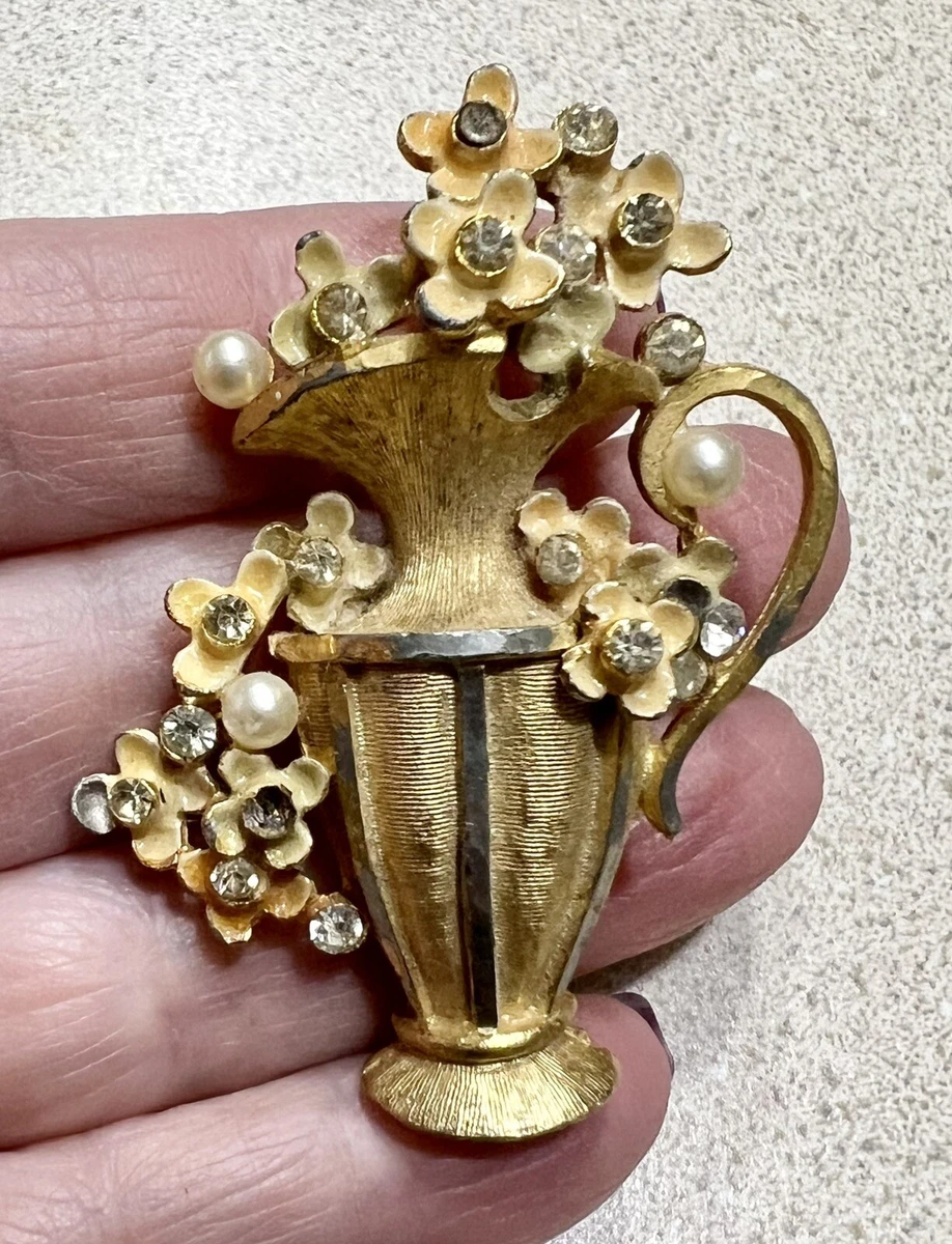 RARE Signed BSK Enamel Rhinestone Faux Pearl Gold Tone FLOWERS in