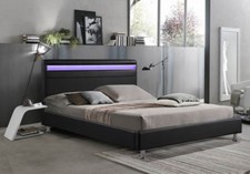 LETTO MATRIMONIALE ECOPELLE NERO CON LUCE LED PELLE ECO + RETE - TELECOMANDO ITA