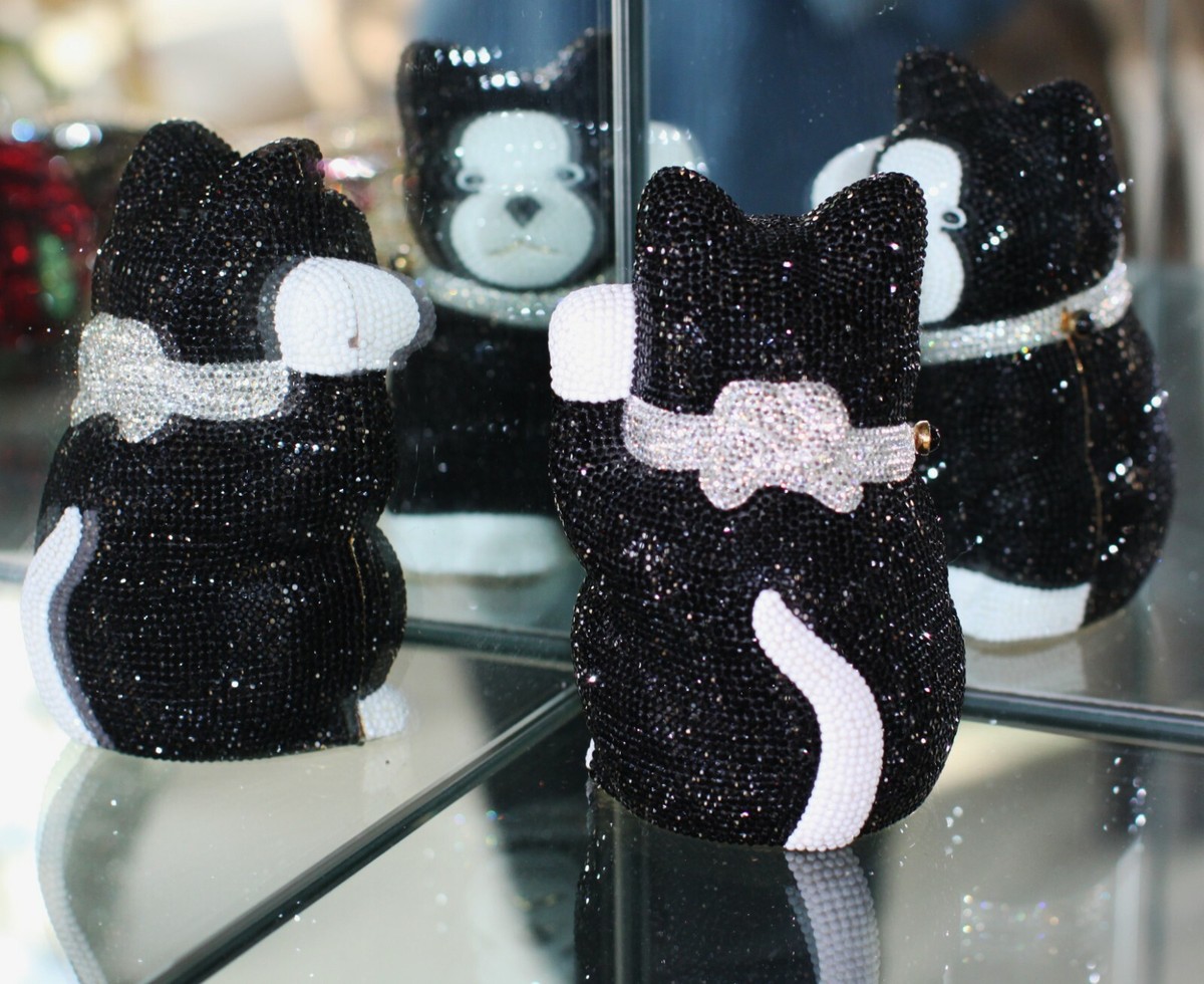 JUDITH LEIBER LUCKY WAVING BLACK CAT SWAROVSKI CRYSTAL Playful
