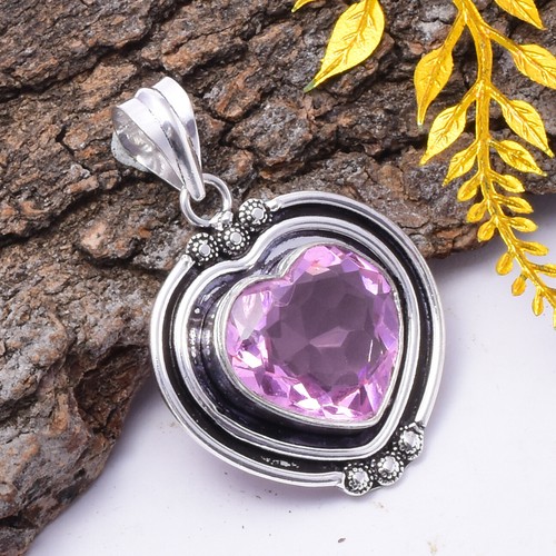 Pendentif En Argent 925 Avec Kunzite Rose - Fait Main, Pierre De Laboratoire - Bijou Artisanal
