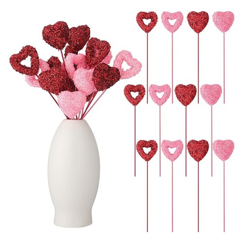 12 Pcs Glitter Heart Picks - Puffy Foam Hearts On Sticks For Valentine's, Wedding, Floral Arrangements (White, 8.27")