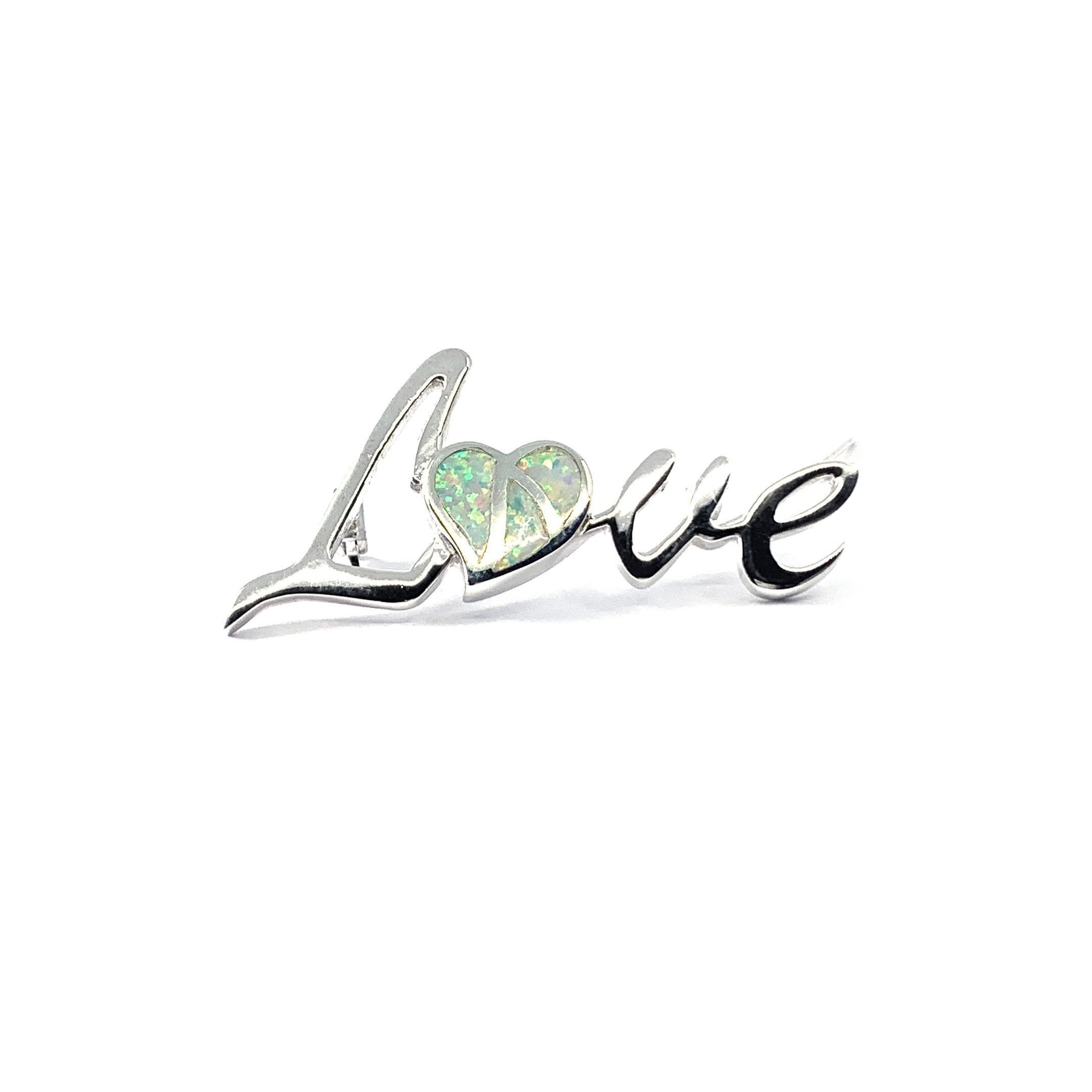Heart Love Brooch 925 Sterling Silver Set With White Crushed Opal Resin