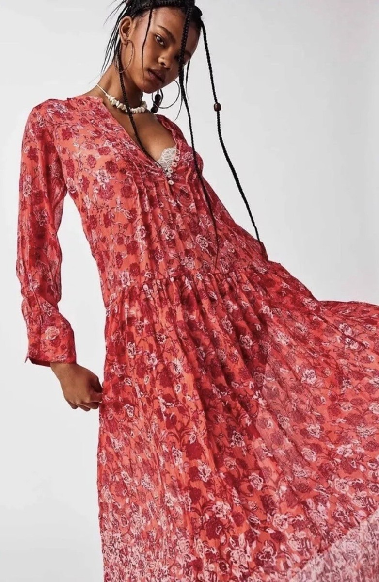 Free People Womens See it Through Maxi Dress Floral Coral Peach Combo Size  S | eBay