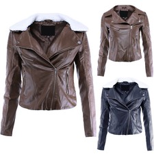Women's Faux Fur Collar Multi Zipper Faux Leather Moto Jacket