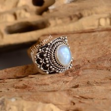 Rainbow Moonstone Gemstone 925 Sterling Silver Oxidized Ring JL 1709