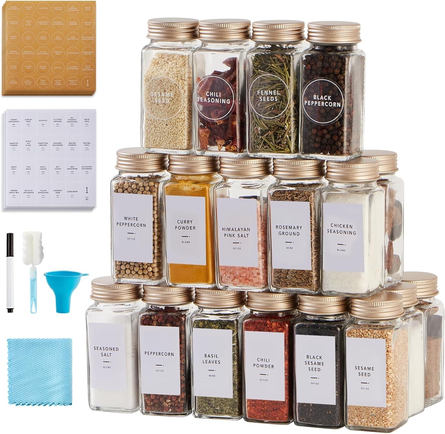 Elegant 48 Pcs Spice Jars with Labels - Airtight 4oz Glass Storage Containers