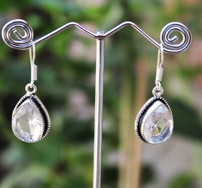 Beautiful Topaz Gemstone Handmade 925 Starling Silver Jewelry Earring Sz 1''