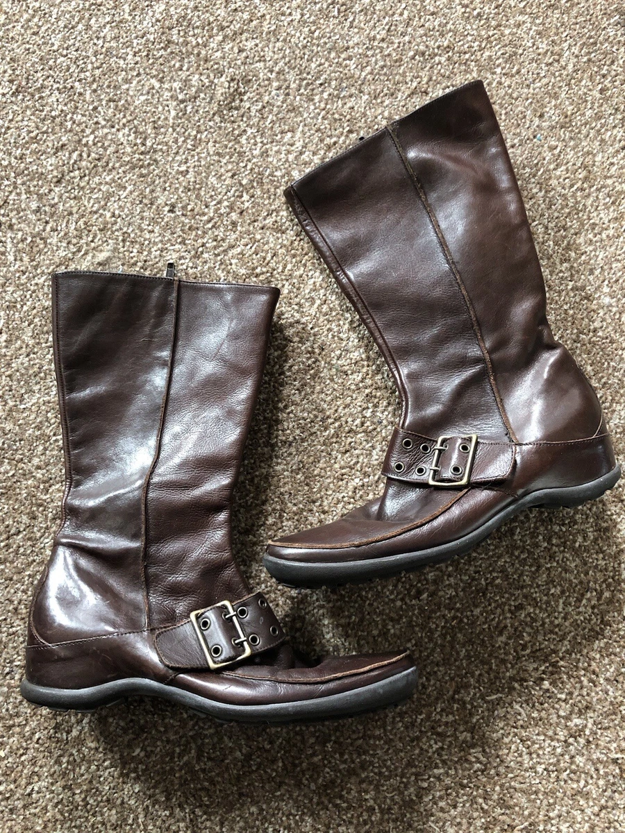 Designer Ash Flat Dark Brown Leather Boots Buckle Detail Size 4