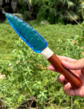 10" Rare Blue Aqua Obsidian Crystal Knife – Collectible Knife With Wooden Handle