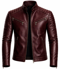 Luxury Burgundy Sheepskin Leather Jacket Men Slim Fit Premium Biker
