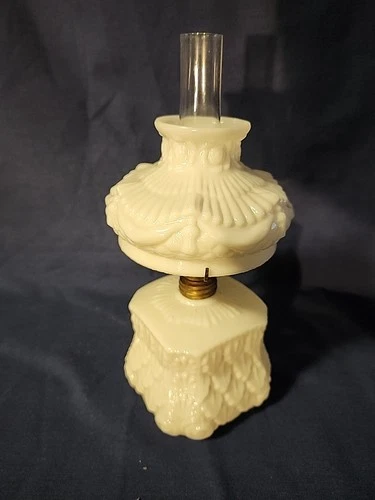 Antique Miniature Oil Lamp Milk Glass with Fancy Embossed Pattern all original