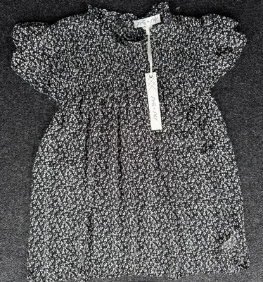 SHE+SKY Black & White Floral Print Smocked Shirt Butterfly Sleeves Minimal S NWT