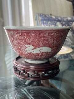Chinese Antique Underglaze Copper red Porcelain Bowl w/ Horses Ming Dynasty