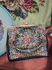 Vintage Black  Multicolor Floral Tapestry Petit Point Handbag Velvet Lining