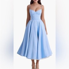 House of CB Mademoiselle Bustier stretch satin midi dress, Cinderella blue XL