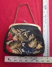 Vintage Petit Point Needlepoint Tapestry Floral Handbag Black Roses Evening Bag