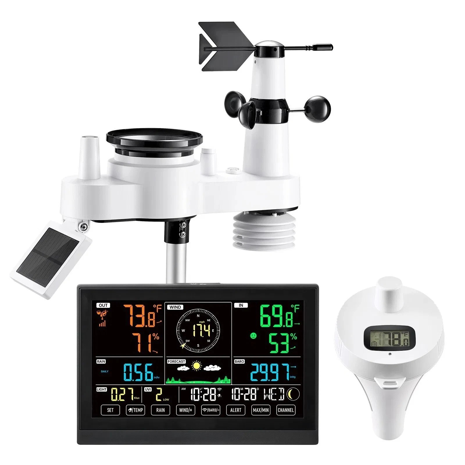 7-In-1 Wi-Fi Weather Station With App, 7.5 In Display, Wireless Solar Powered