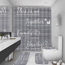 4Pcs Family Shower Curtain Sets with Non-Slip Rugs, Toilet Lid Cover and Bath