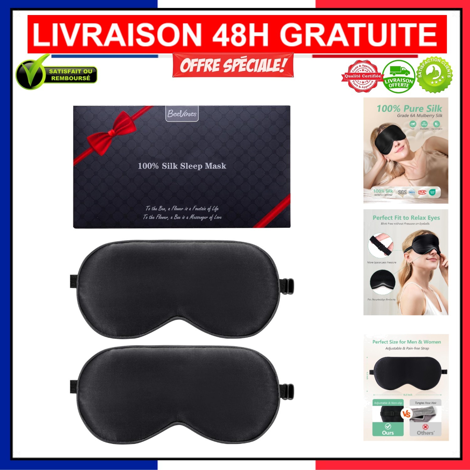 Masque de sommeil pour voyage et sieste lot de 2 masques occultants en soie