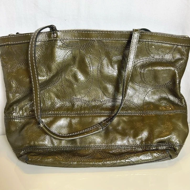 Vintage Coach Shoulder Tote Bag - Style F15142 - Grey/Green Leather Purse - Image 3 of 4