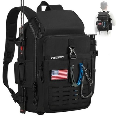 Piscifun Fishing Tackle Backpack, Rod & Gear Holder, Water-Resistant Black