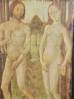 christliche Plakette Byzantinischer Stil. Adam und Eva, verbotene Frucht. 23 X 16 X 2 Cm.