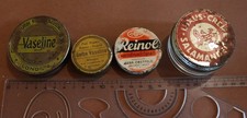cuatro latas redondas antiguas, vidrio, vaselina de fuego, vaselina amarilla, Reinol, salamandra
