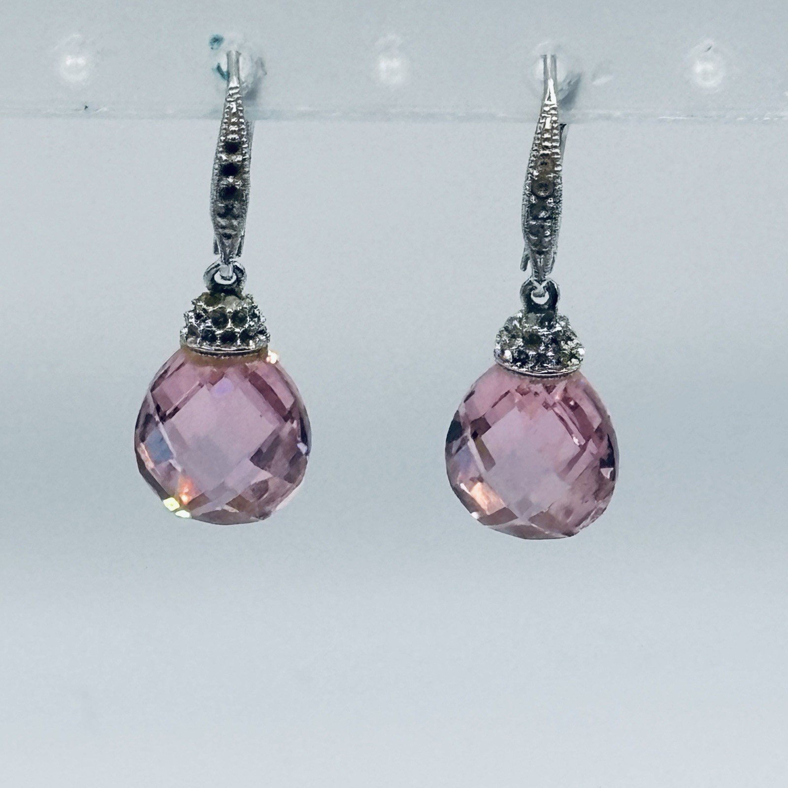 Pink Crystal Teardrop Dangle Earrings Silver Tone Faceted Briolette Rhinestone